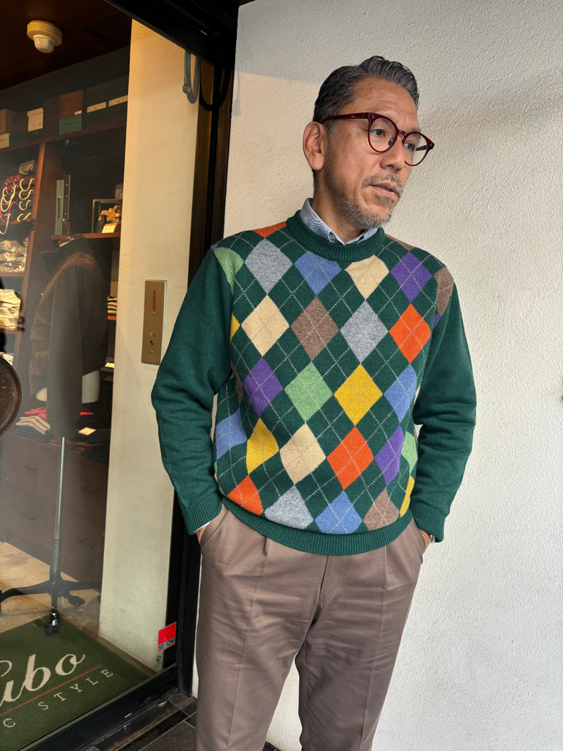 Rinascente 32700 丸首アーガイルニット　グリーン