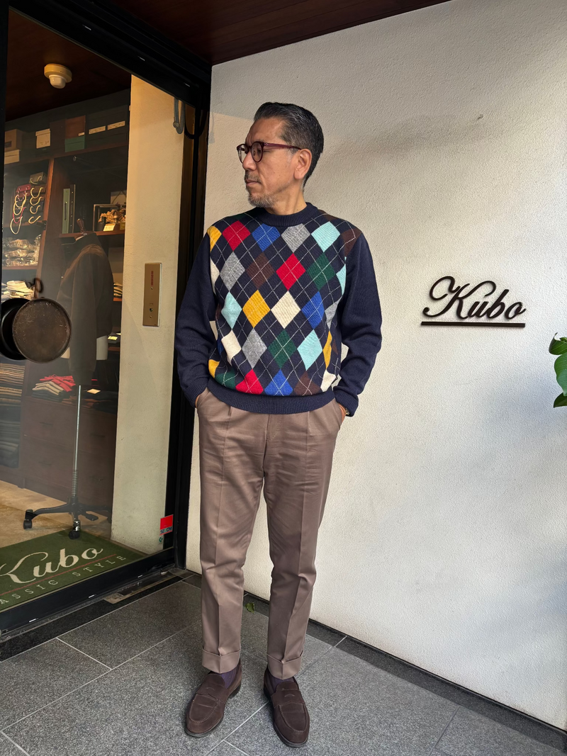 Rinascente  32700 アーガイル丸首ニット　ネイビー