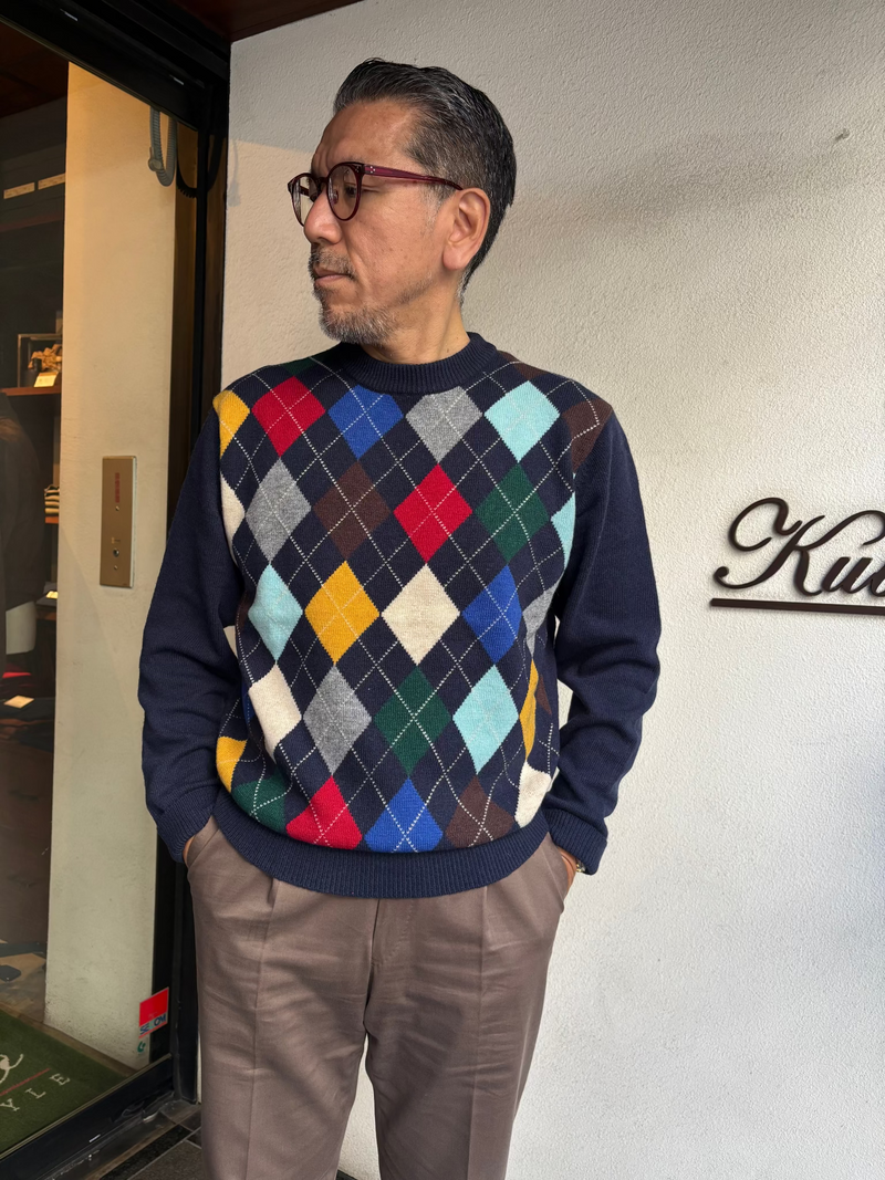 Rinascente  32700 アーガイル丸首ニット　ネイビー